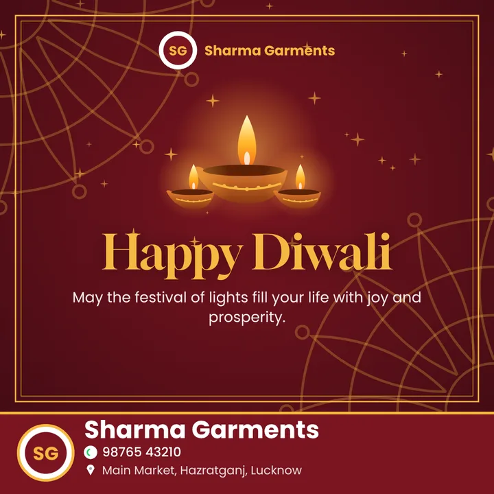 Diwali post with Sharma Garments name, logo and phone