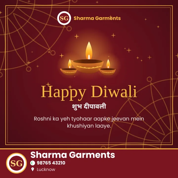 Diwali post with Sharma Garments name, logo and phone